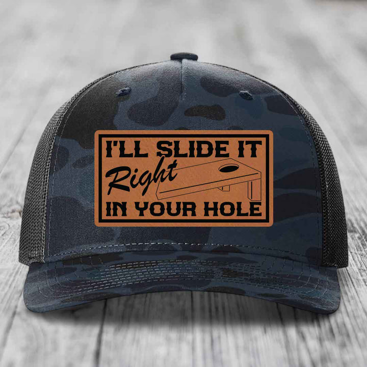 Ill Slide It Right In Your Hole - Leather Patch Hat - Rawhide to Black Patch - Richardson 112PFP Snapback Trucker Hat