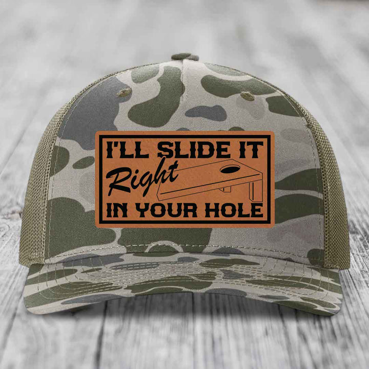 Ill Slide It Right In Your Hole - Leather Patch Hat - Rawhide to Black Patch - Richardson 112PFP Snapback Trucker Hat