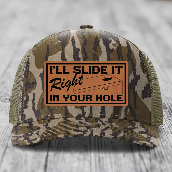 Ill Slide It Right In Your Hole - Leather Patch Hat - Rawhide to Black Patch - Richardson 112PFP Snapback Trucker Hat