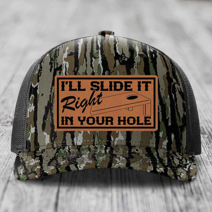 Ill Slide It Right In Your Hole - Leather Patch Hat - Rawhide to Black Patch - Richardson 112PFP Snapback Trucker Hat