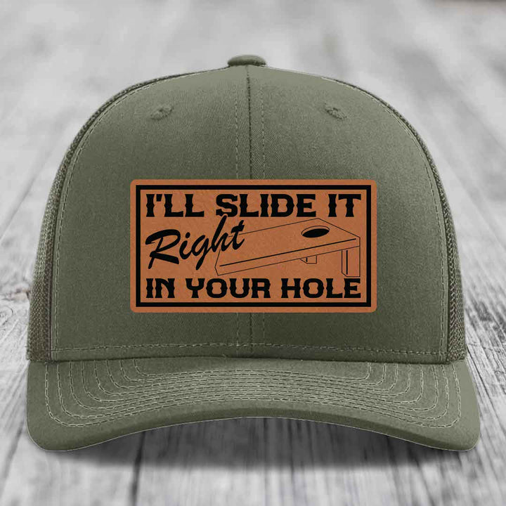 Ill Slide It Right In Your Hole - Leather Patch Hat - Rawhide to Black Patch - Richardson 112 Snapback Trucker Hat