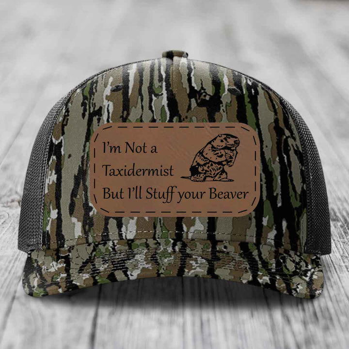Im Not A Taxidermist, But Ill Stuff Your Beaver - Leather Patch Hat - Dark Brown to Black Patch - Richardson 112PFP Snapback Trucker Hat