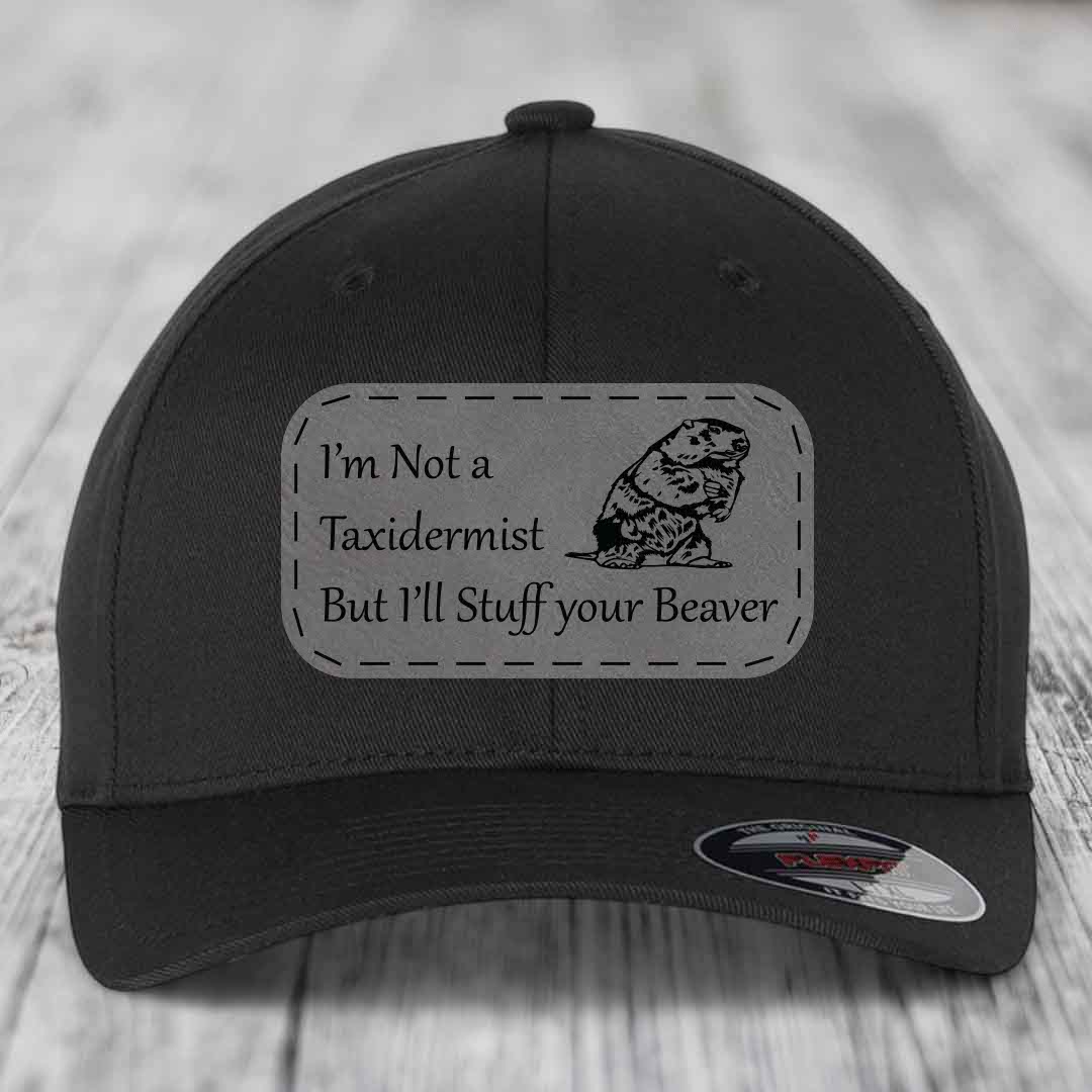 Black baseball cap with grey patch reading &