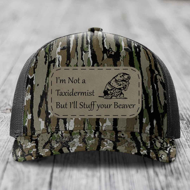 Im Not A Taxidermist, But Ill Stuff Your Beaver - Leather Patch Hat - Light Brown to Black Patch - Richardson 112PFP Snapback Trucker Hat