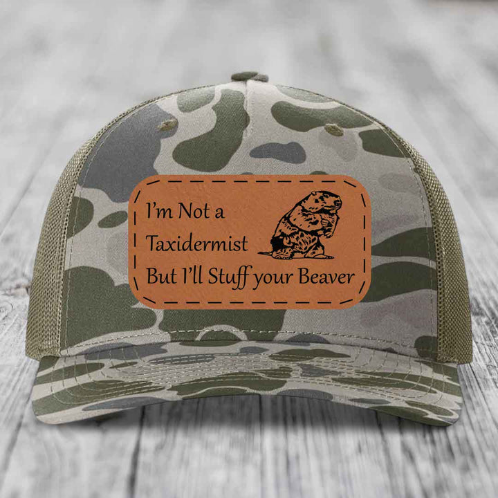 Im Not A Taxidermist, But Ill Stuff Your Beaver - Leather Patch Hat - Rawhide to Black Patch - Richardson 112PFP Snapback Trucker Hat