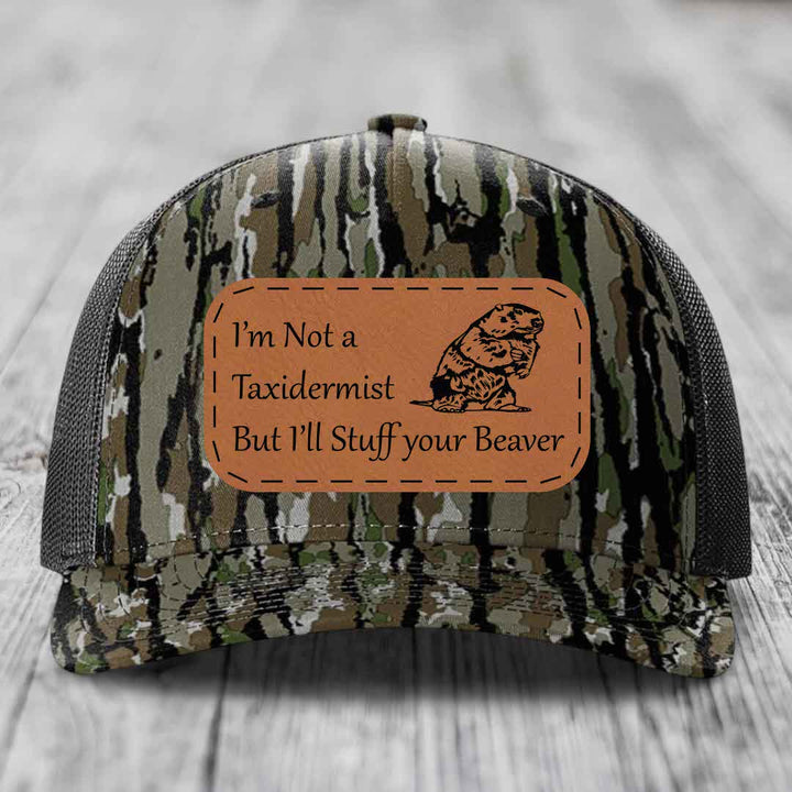 Im Not A Taxidermist, But Ill Stuff Your Beaver - Leather Patch Hat - Rawhide to Black Patch - Richardson 112PFP Snapback Trucker Hat