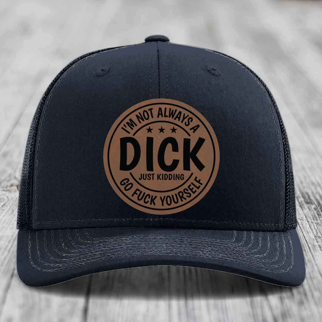 Black trucker hat with brown circular leather patch reading &