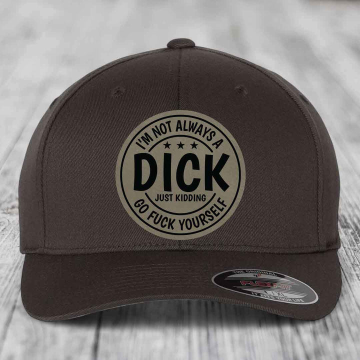 Dark brown Flexfit hat with circular leatherette patch reading &
