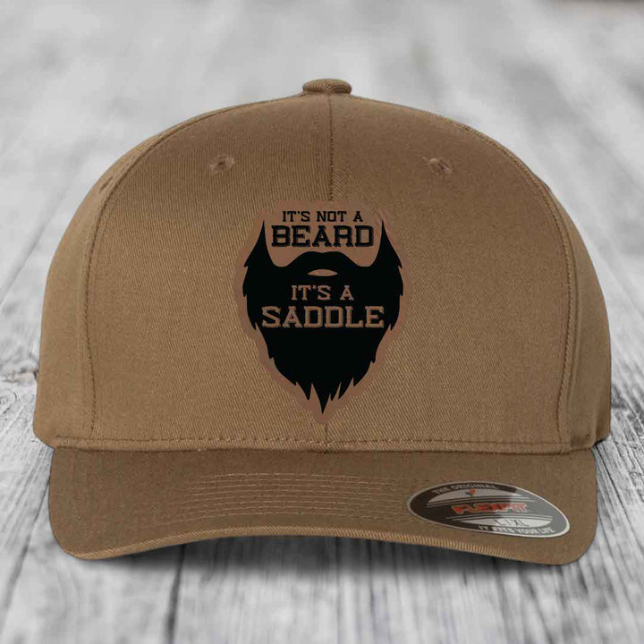 Its Not A Beard, Its A Saddle - Leather Patch Hat - Dark Brown to Black Patch - Flexfit 6277 Fitted Hat