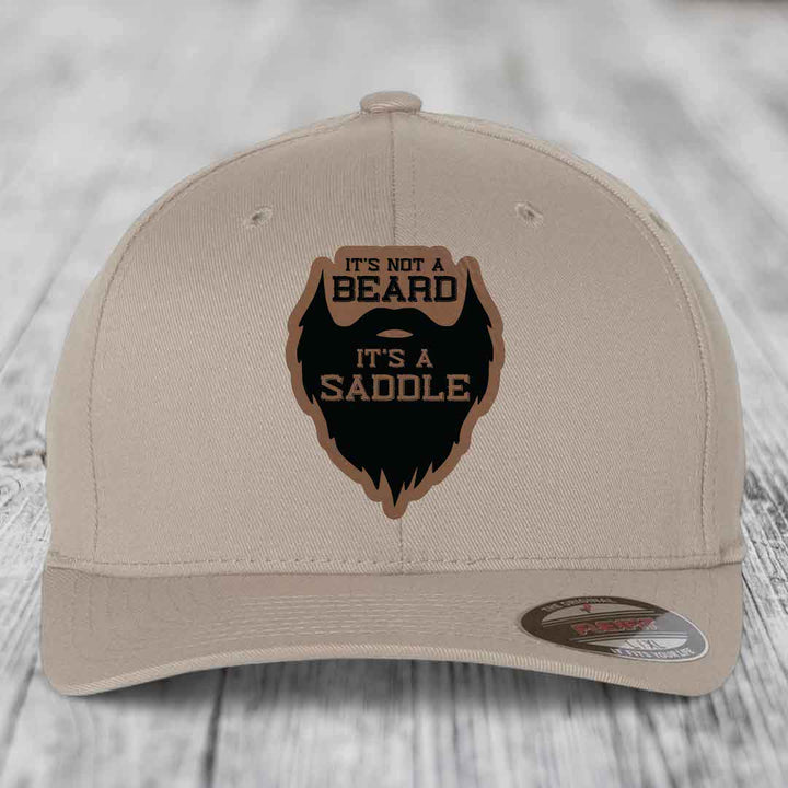 Its Not A Beard, Its A Saddle - Leather Patch Hat - Dark Brown to Black Patch - Flexfit 6277 Fitted Hat