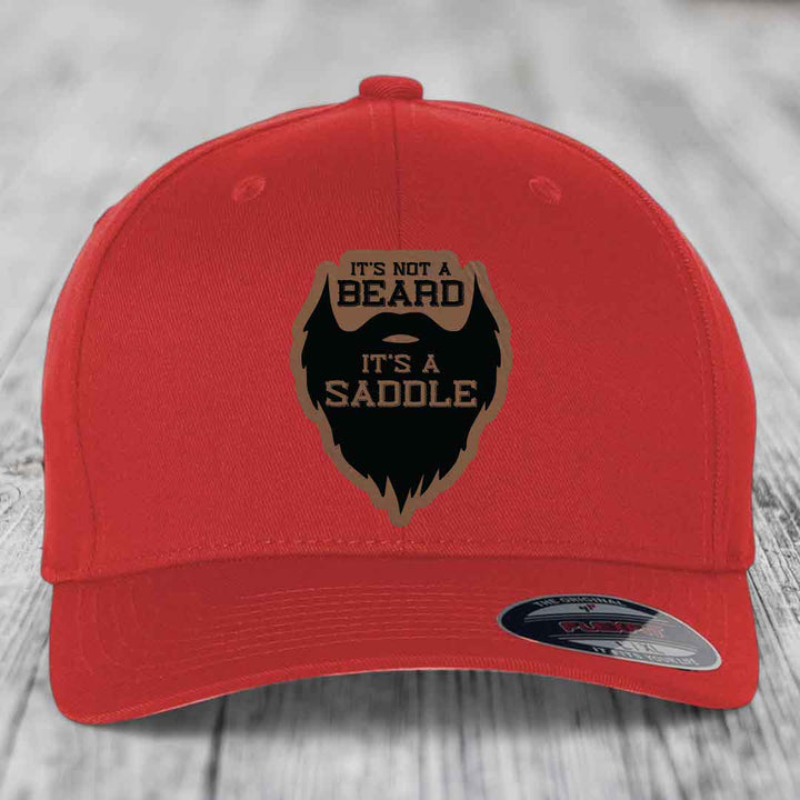 Its Not A Beard, Its A Saddle - Leather Patch Hat - Dark Brown to Black Patch - Flexfit 6277 Fitted Hat