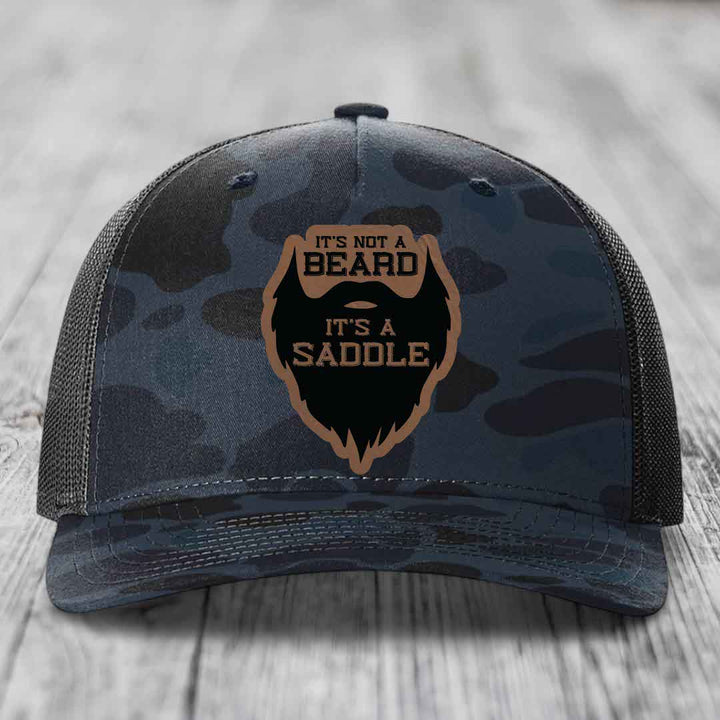 Its Not A Beard, Its A Saddle - Leather Patch Hat - Dark Brown to Black Patch - Richardson 112PFP Snapback Trucker Hat