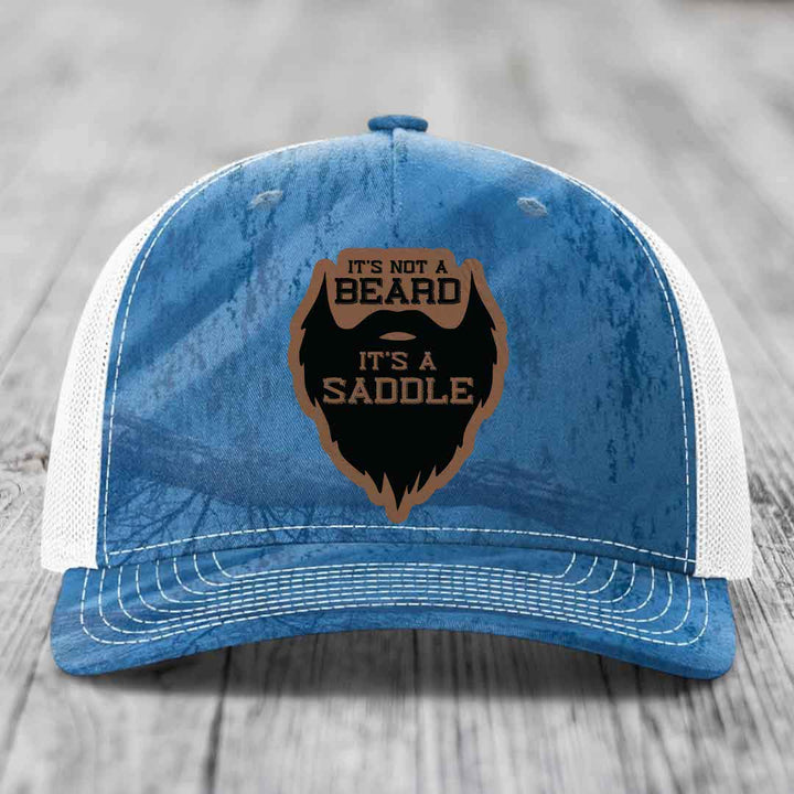 Its Not A Beard, Its A Saddle - Leather Patch Hat - Dark Brown to Black Patch - Richardson 112PFP Snapback Trucker Hat