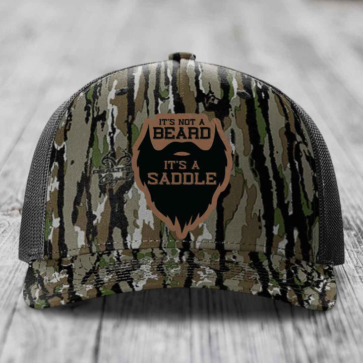 Its Not A Beard, Its A Saddle - Leather Patch Hat - Dark Brown to Black Patch - Richardson 112PFP Snapback Trucker Hat