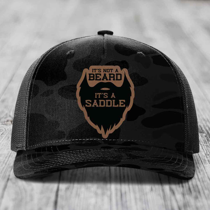 Its Not A Beard, Its A Saddle - Leather Patch Hat - Dark Brown to Black Patch - Richardson 112PFP Snapback Trucker Hat