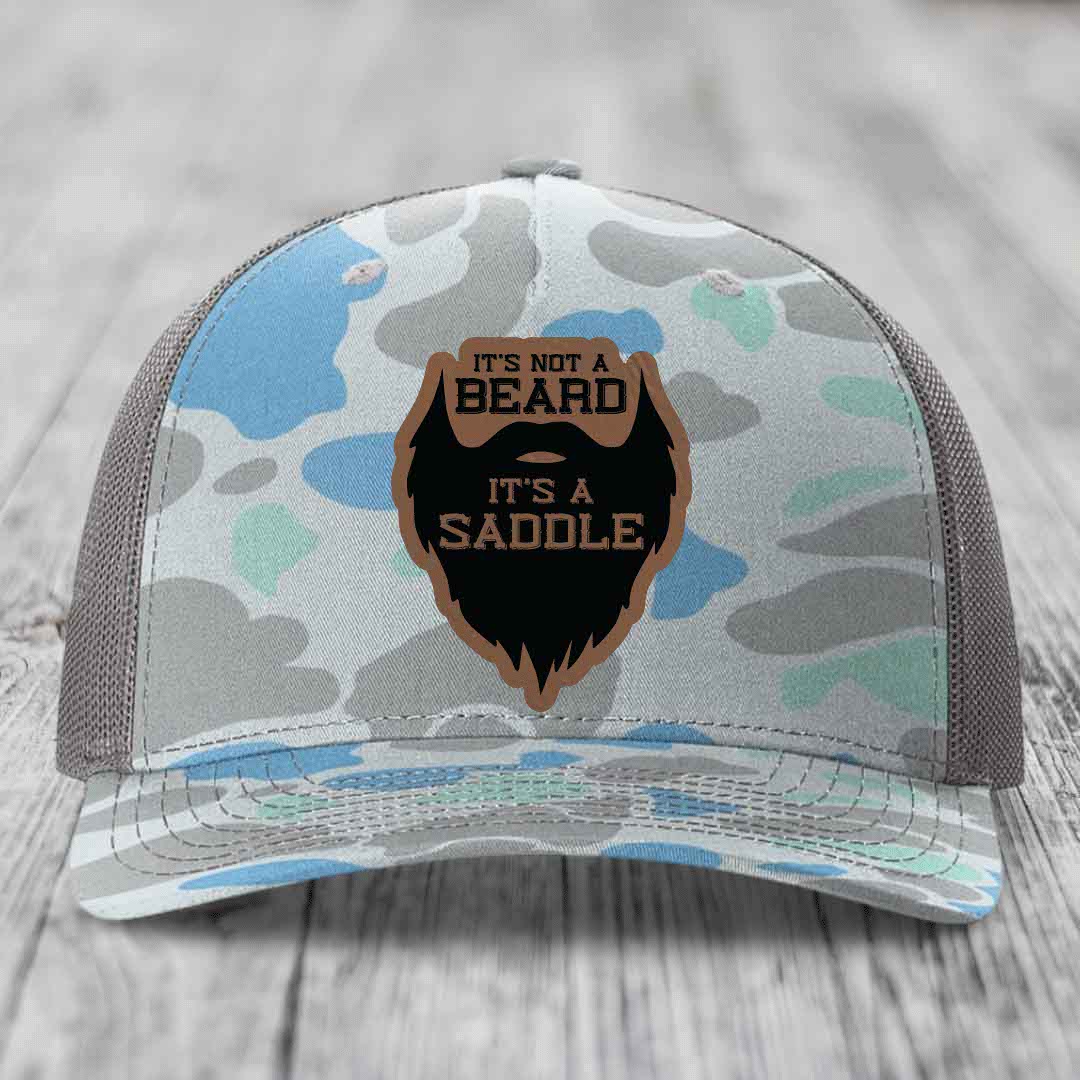 Its Not A Beard, Its A Saddle - Leather Patch Hat - Dark Brown to Black Patch - Richardson 112PFP Snapback Trucker Hat