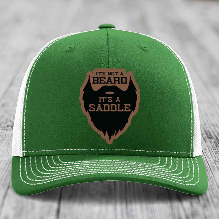 Its Not A Beard, Its A Saddle - Leather Patch Hat - Dark Brown to Black Patch - Richardson 112 Snapback Trucker Hat