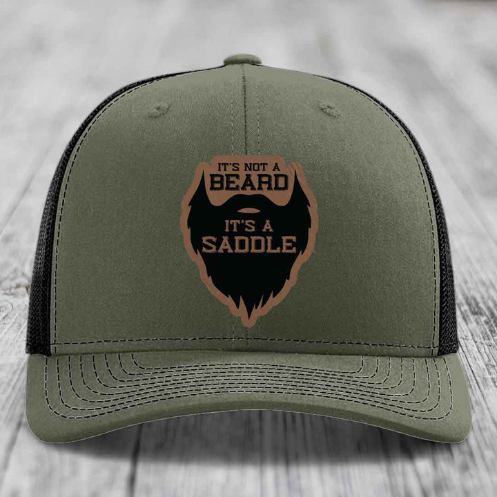 Its Not A Beard, Its A Saddle - Leather Patch Hat - Dark Brown to Black Patch - Richardson 112 Snapback Trucker Hat