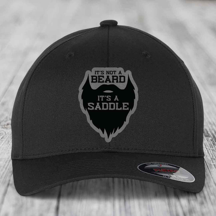Its Not A Beard, Its A Saddle - Leather Patch Hat - Grey to Black Patch - Flexfit 6277 Fitted Hat