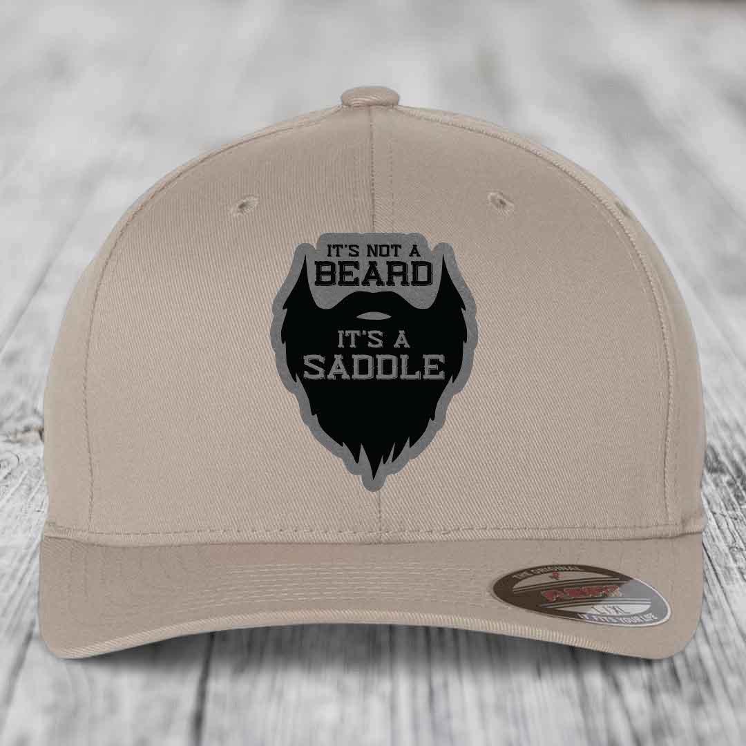Its Not A Beard, Its A Saddle - Leather Patch Hat - Grey to Black Patch - Flexfit 6277 Fitted Hat