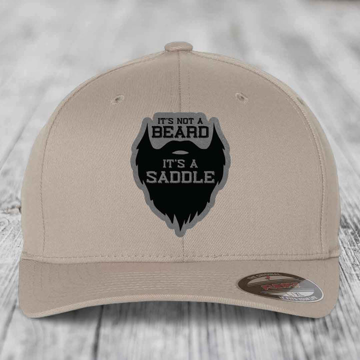 Its Not A Beard, Its A Saddle - Leather Patch Hat - Grey to Black Patch - Flexfit 6277 Fitted Hat