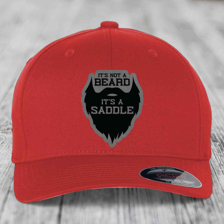 Its Not A Beard, Its A Saddle - Leather Patch Hat - Grey to Black Patch - Flexfit 6277 Fitted Hat