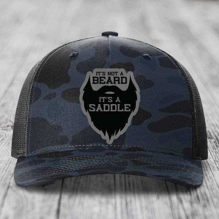 Its Not A Beard, Its A Saddle - Leather Patch Hat - Grey to Black Patch - Richardson 112PFP Snapback Trucker Hat