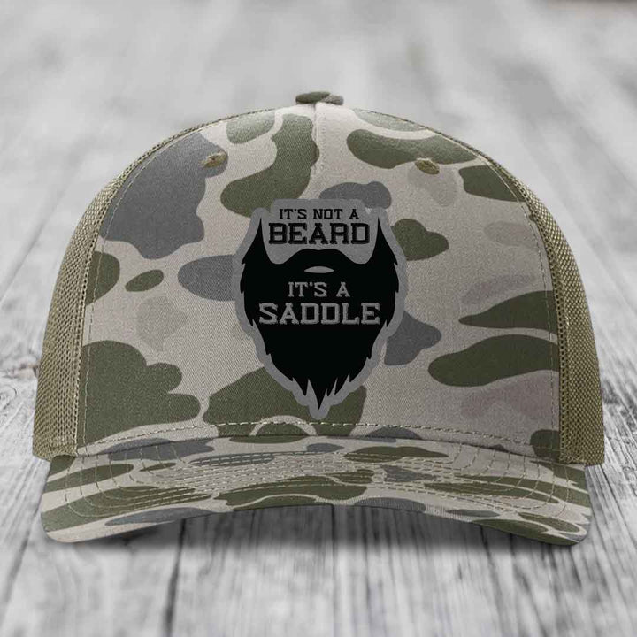 Its Not A Beard, Its A Saddle - Leather Patch Hat - Grey to Black Patch - Richardson 112PFP Snapback Trucker Hat