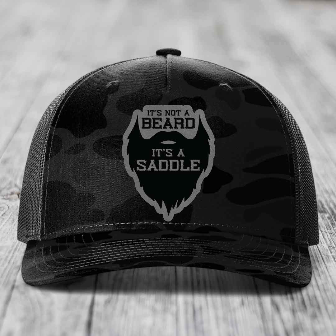 Its Not A Beard, Its A Saddle - Leather Patch Hat - Grey to Black Patch - Richardson 112PFP Snapback Trucker Hat