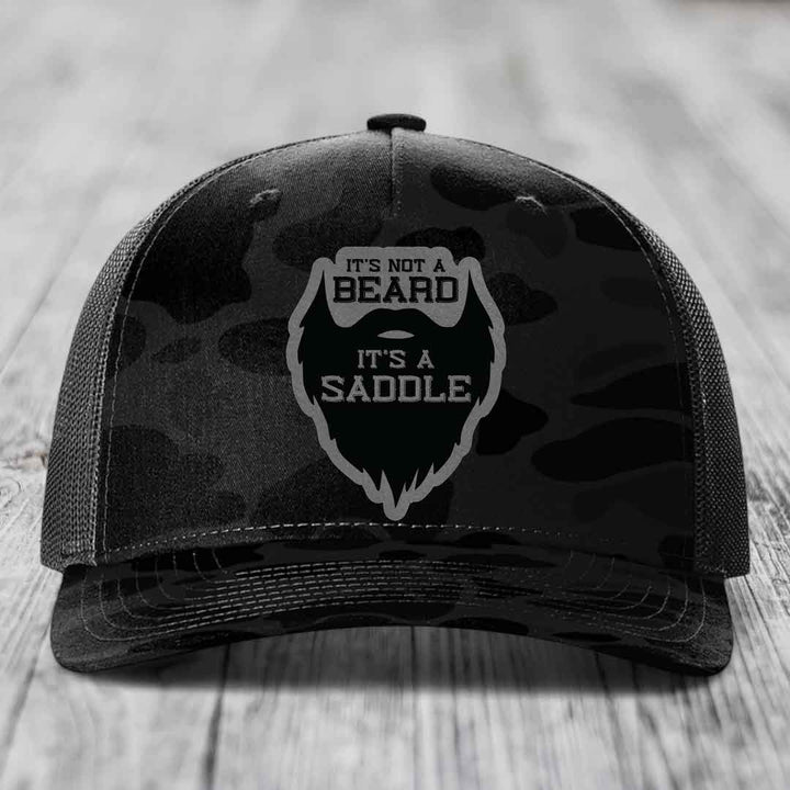 Its Not A Beard, Its A Saddle - Leather Patch Hat - Grey to Black Patch - Richardson 112PFP Snapback Trucker Hat