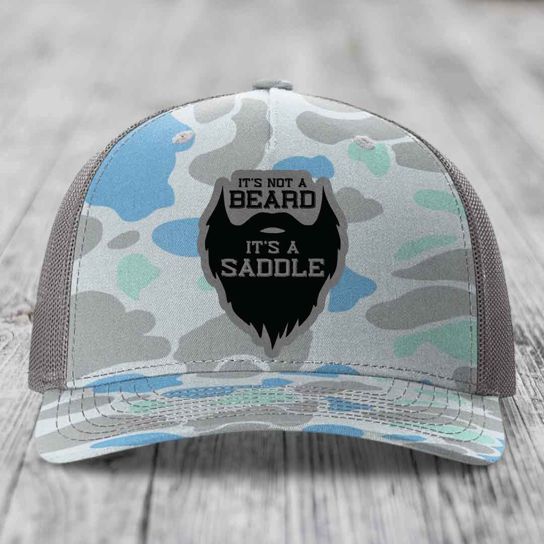 Its Not A Beard, Its A Saddle - Leather Patch Hat - Grey to Black Patch - Richardson 112PFP Snapback Trucker Hat