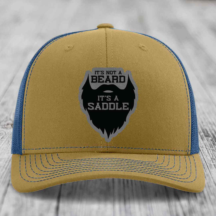 Its Not A Beard, Its A Saddle - Leather Patch Hat - Grey to Black Patch - Richardson 112 Snapback Trucker Hat