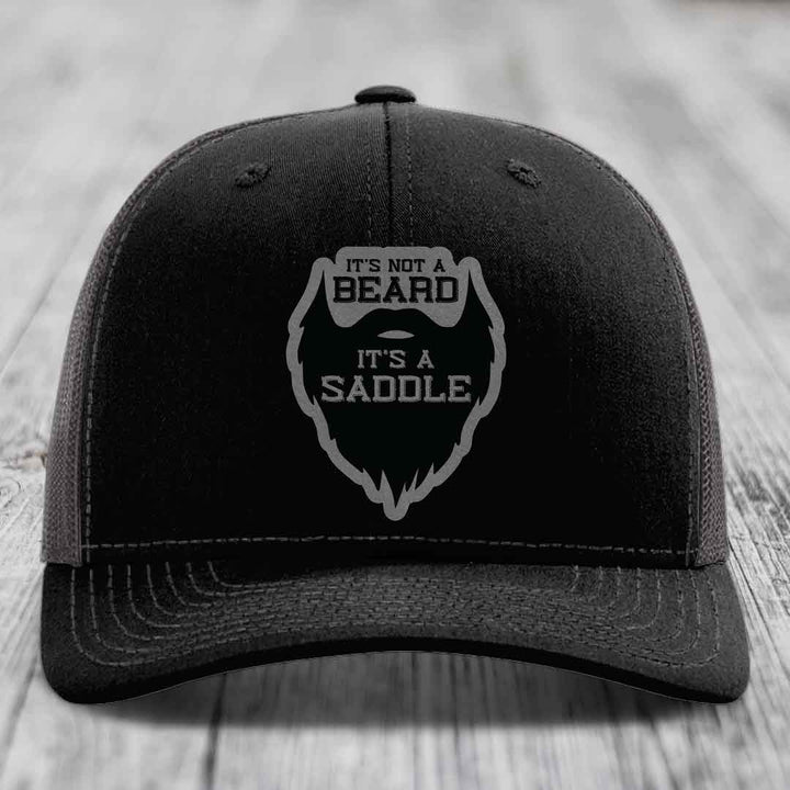 Its Not A Beard, Its A Saddle - Leather Patch Hat - Grey to Black Patch - Richardson 112 Snapback Trucker Hat