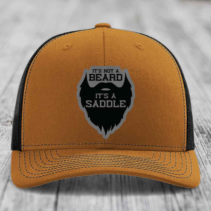 Its Not A Beard, Its A Saddle - Leather Patch Hat - Grey to Black Patch - Richardson 112 Snapback Trucker Hat