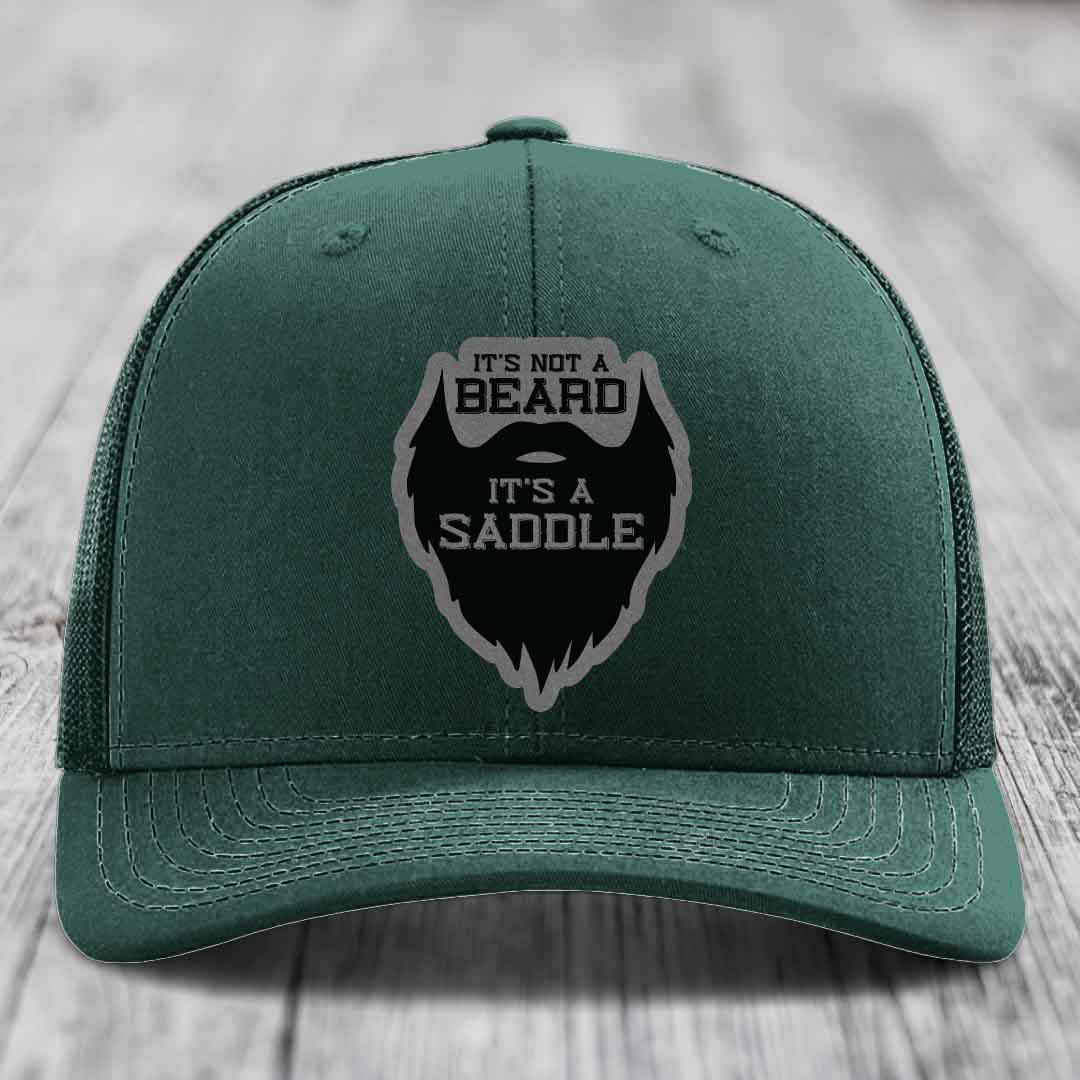 Its Not A Beard, Its A Saddle - Leather Patch Hat - Grey to Black Patch - Richardson 112 Snapback Trucker Hat