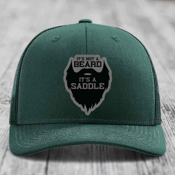 Its Not A Beard, Its A Saddle - Leather Patch Hat - Grey to Black Patch - Richardson 112 Snapback Trucker Hat