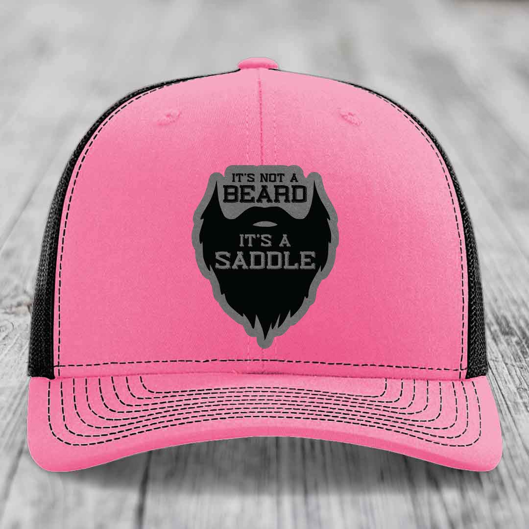 Its Not A Beard, Its A Saddle - Leather Patch Hat - Grey to Black Patch - Richardson 112 Snapback Trucker Hat