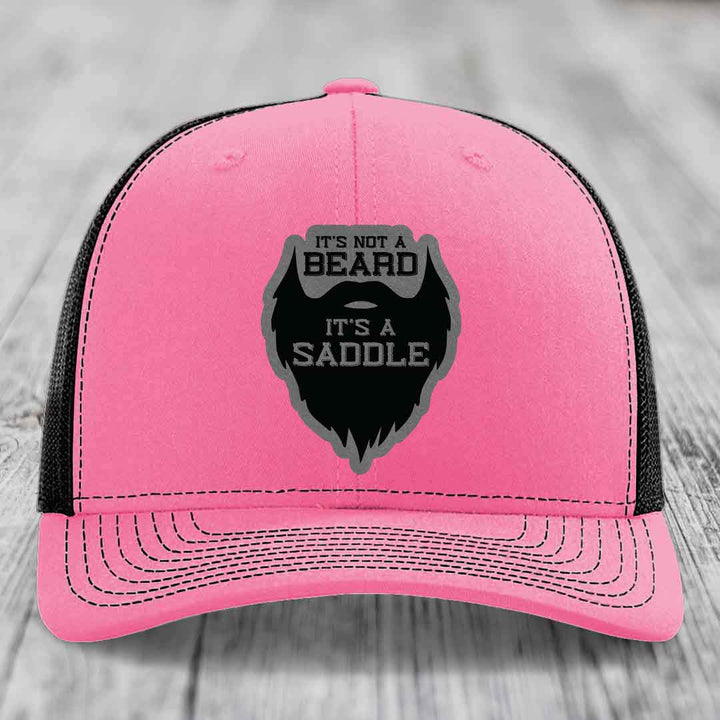 Its Not A Beard, Its A Saddle - Leather Patch Hat - Grey to Black Patch - Richardson 112 Snapback Trucker Hat