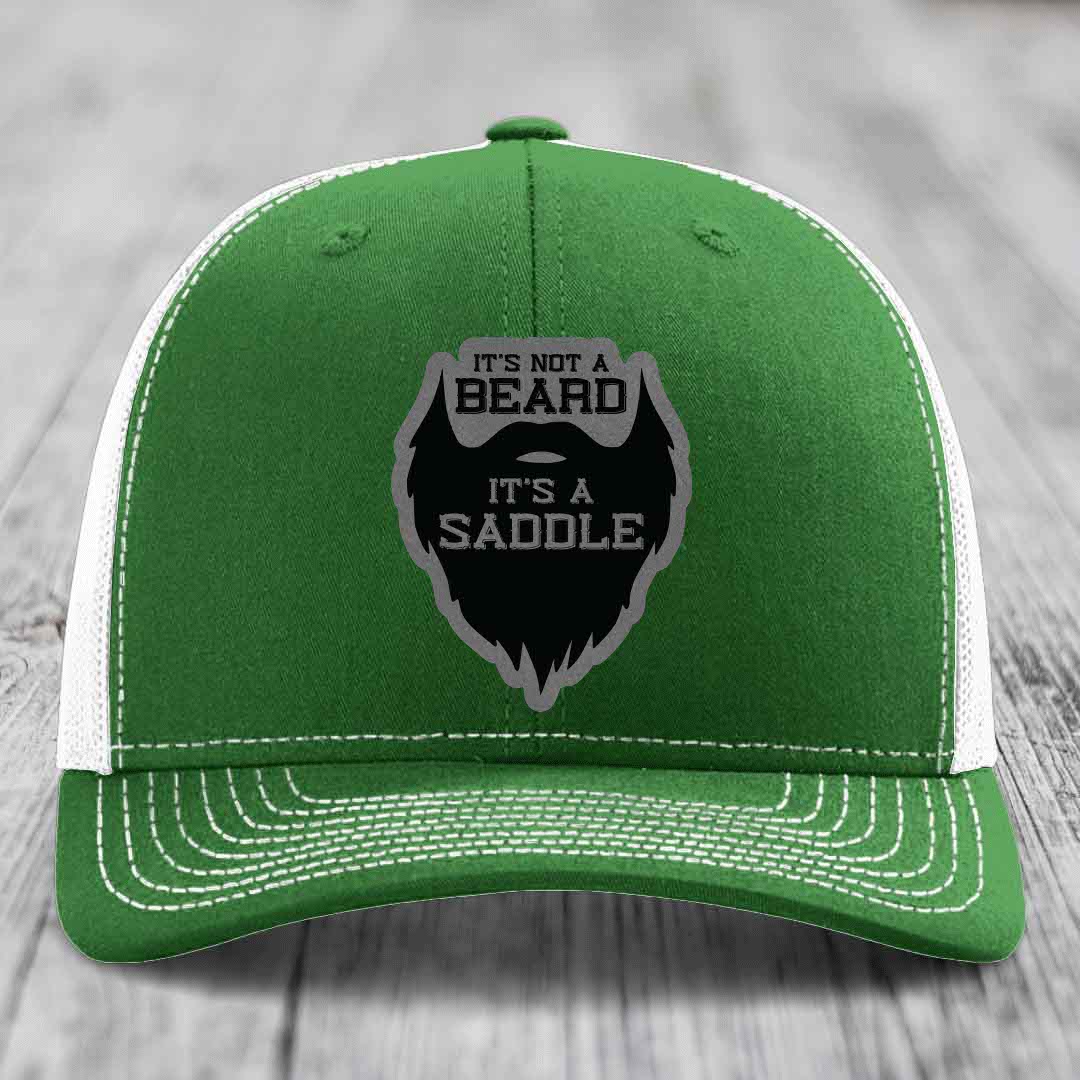 Its Not A Beard, Its A Saddle - Leather Patch Hat - Grey to Black Patch - Richardson 112 Snapback Trucker Hat