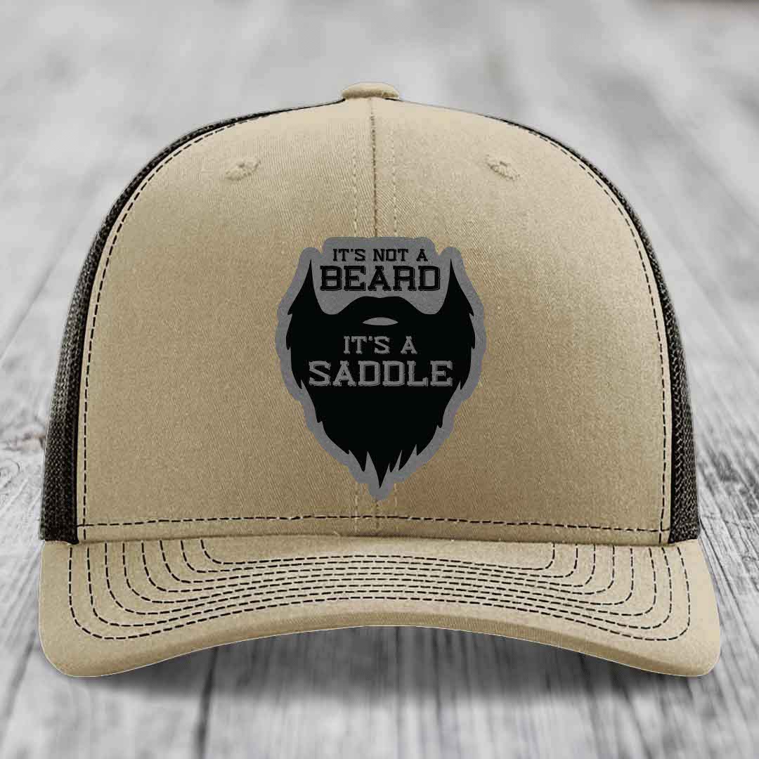 Its Not A Beard, Its A Saddle - Leather Patch Hat - Grey to Black Patch - Richardson 112 Snapback Trucker Hat