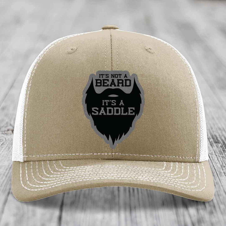 Its Not A Beard, Its A Saddle - Leather Patch Hat - Grey to Black Patch - Richardson 112 Snapback Trucker Hat