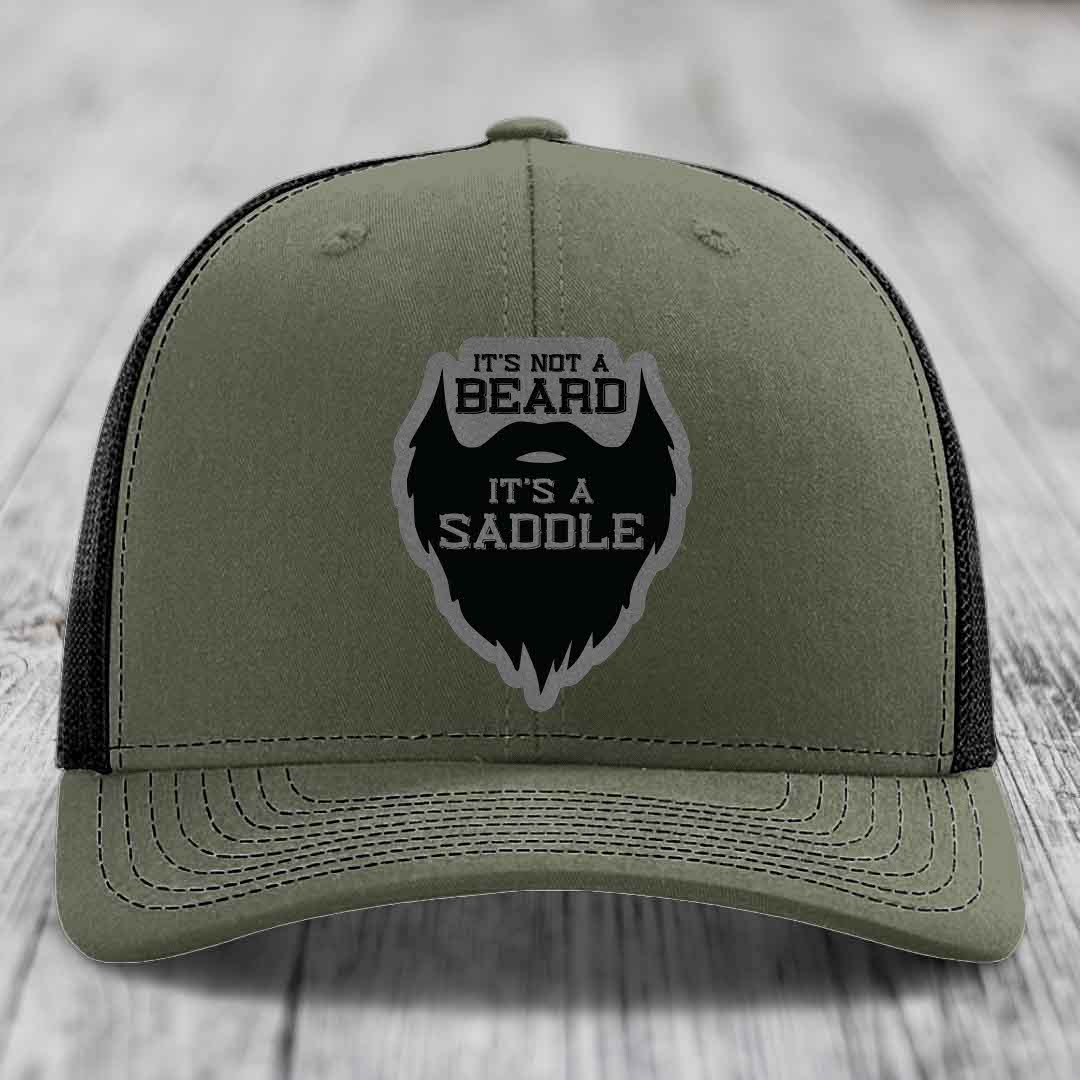 Its Not A Beard, Its A Saddle - Leather Patch Hat - Grey to Black Patch - Richardson 112 Snapback Trucker Hat