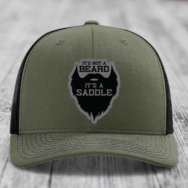 Its Not A Beard, Its A Saddle - Leather Patch Hat - Grey to Black Patch - Richardson 112 Snapback Trucker Hat