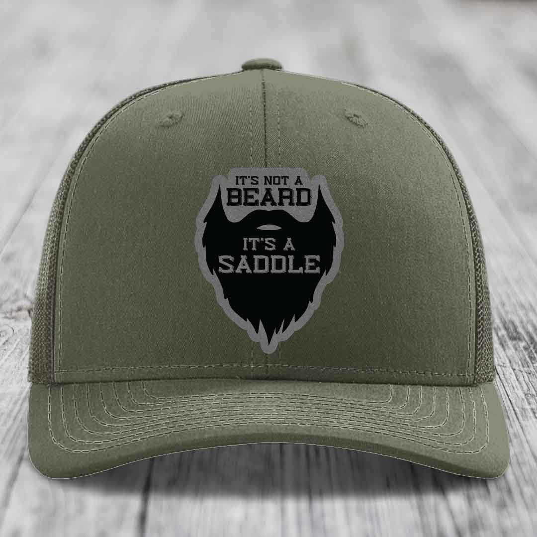 Its Not A Beard, Its A Saddle - Leather Patch Hat - Grey to Black Patch - Richardson 112 Snapback Trucker Hat