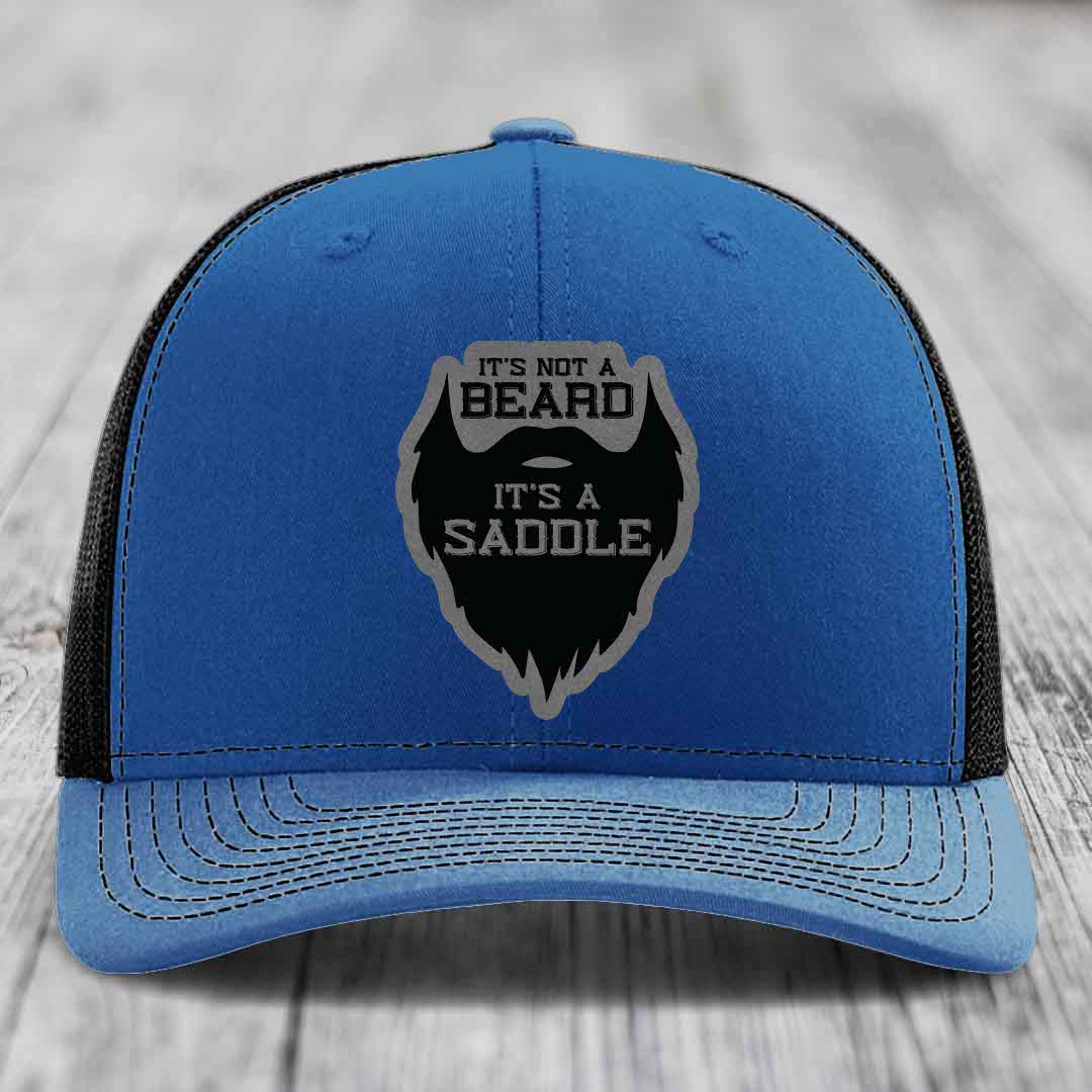 Its Not A Beard, Its A Saddle - Leather Patch Hat - Grey to Black Patch - Richardson 112 Snapback Trucker Hat