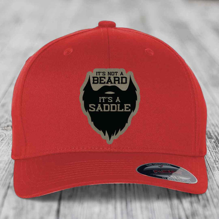 Its Not A Beard, Its A Saddle - Leather Patch Hat - Light Brown to Black Patch - Flexfit 6277 Fitted Hat