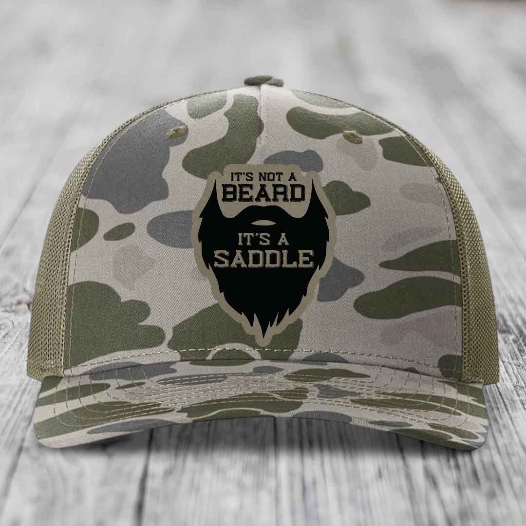 Its Not A Beard, Its A Saddle - Leather Patch Hat - Light Brown to Black Patch - Richardson 112PFP Snapback Trucker Hat