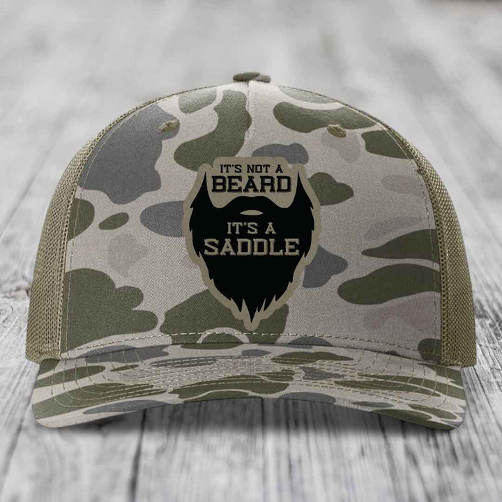 Its Not A Beard, Its A Saddle - Leather Patch Hat - Light Brown to Black Patch - Richardson 112PFP Snapback Trucker Hat