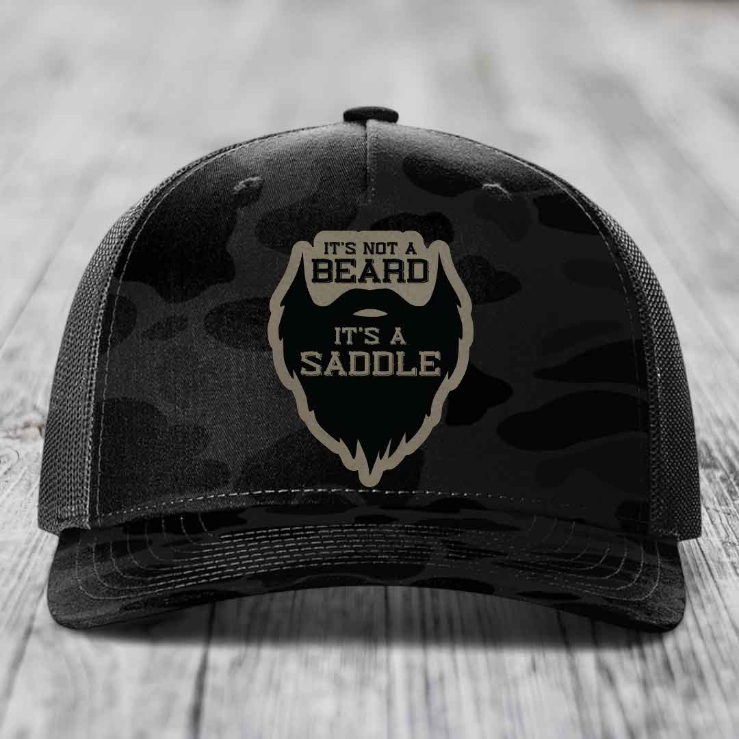 Its Not A Beard, Its A Saddle - Leather Patch Hat - Light Brown to Black Patch - Richardson 112PFP Snapback Trucker Hat