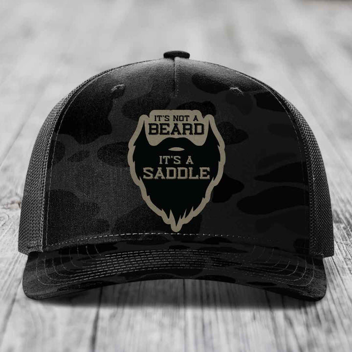 Its Not A Beard, Its A Saddle - Leather Patch Hat - Light Brown to Black Patch - Richardson 112PFP Snapback Trucker Hat